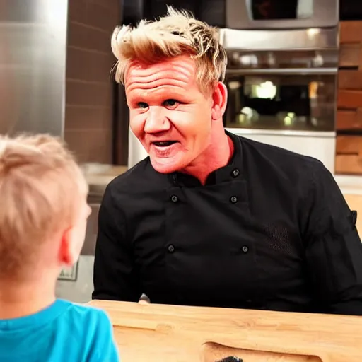 Image similar to Gordon Ramsay eating beans while children point and laugh at him, bullying, cruel kids, television still