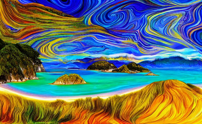 Prompt: golden bay abel tasman new zealand in the style of psychedelic oil painting, digital art, high quality, highly detailed, high coherence,, concept art, marterpiece