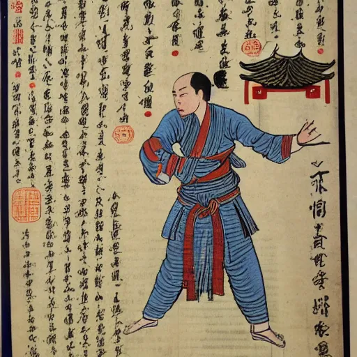 Prompt: yi jin jing posture in huang di nei jing chinese medical kung fu diagram, old manuscript, ancient information, many pages