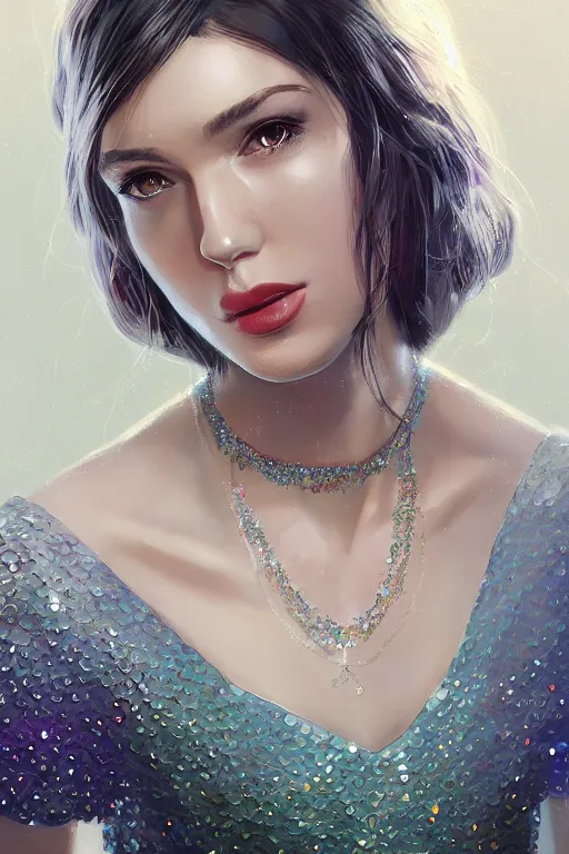 Image similar to a woman in a sequin dress, beautiful crystal necklace, long silver hair, digital art, airbrush, by ilya kuvshinov, krenz cushart, trending on artstation,