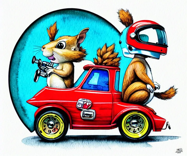 Image similar to cute and funny, squirrel wearing a helmet riding in a hot rod with oversized engine, ratfink style by ed roth, centered award winning watercolor pen illustration, isometric illustration by chihiro iwasaki, edited by range murata, tiny details by artgerm and watercolor girl, symmetrically isometrically centered, sharply focused