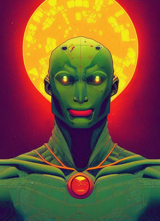 Prompt: symmetry!! stunning portrait of dc's martian manhunter!! by victo ngai, kilian eng vibrant colours, accurate!! dynamic lighting, digital art, winning award masterpiece, fantastically beautiful, illustration, aesthetically inspired by beksinski and dan mumford, trending on artstation, art by greg rutkowski, 8 k