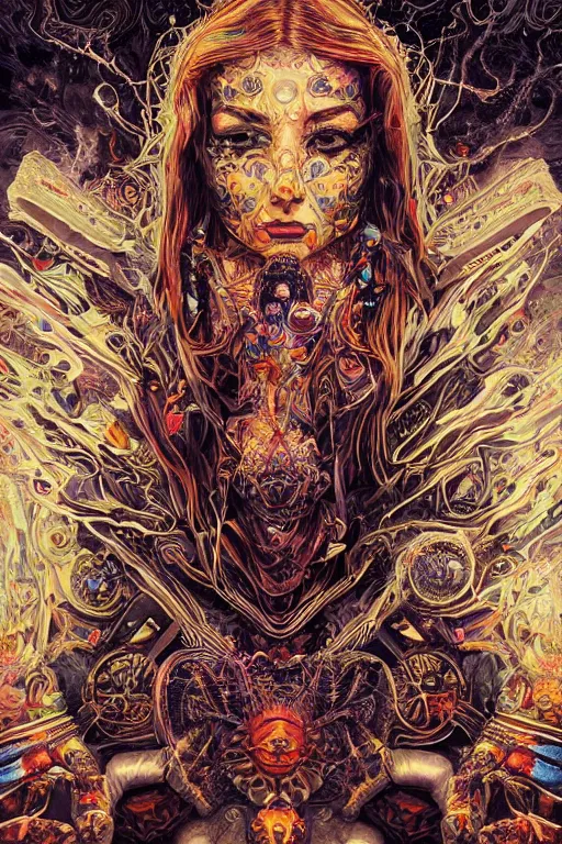 Prompt: psychedelic acid dmt cinematic dramatic lighting, hyper realistic detailed intricate render hypermaximalist ornate epic composition 4 k 8 k cryengine octane sharp focus masterpiece ultra clear portrait of cult ritual witch, single face, energy waves through time by sandra chevrier laurie greasley gustave dore, jason a engle, organic, low contrast