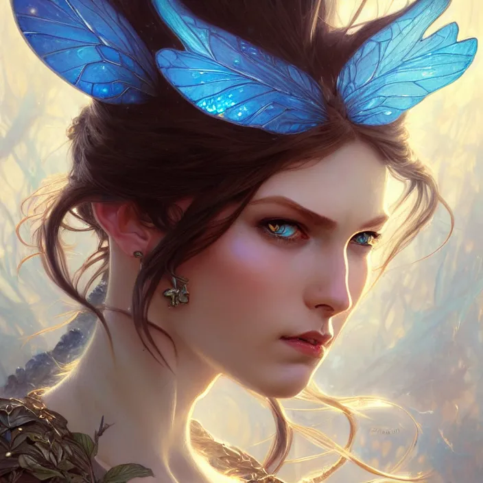 Image similar to Portrait of fairy woman, D&D, blue eyes, face, fantasy, intricate, elegant, highly detailed, digital painting, artstation, concept art, smooth, sharp focus, illustration, art by artgerm and greg rutkowski and alphonse mucha