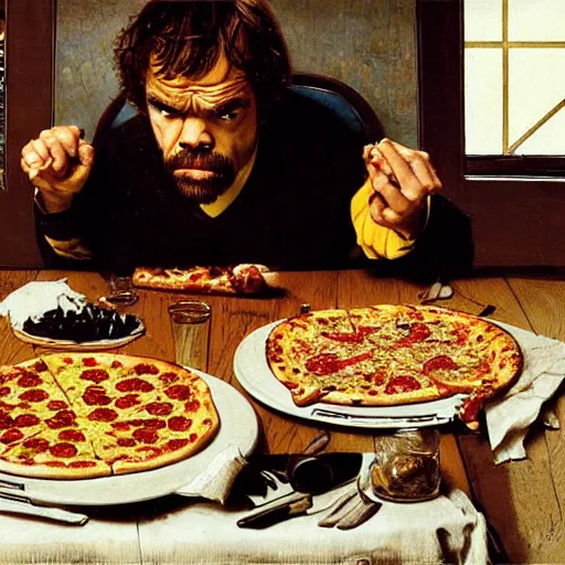 Prompt: peter dinklage eating pizza at a wooden table, artist norman rockwell,