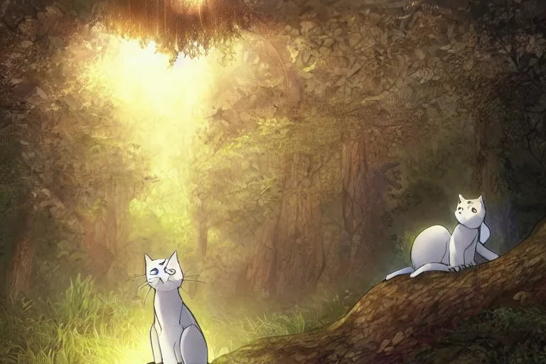 Prompt: a cat in a forest, highly detailed, digital art, trending on artstation, backlighting, by kawacy, by wayne mclouglin, by don bluth, fan art