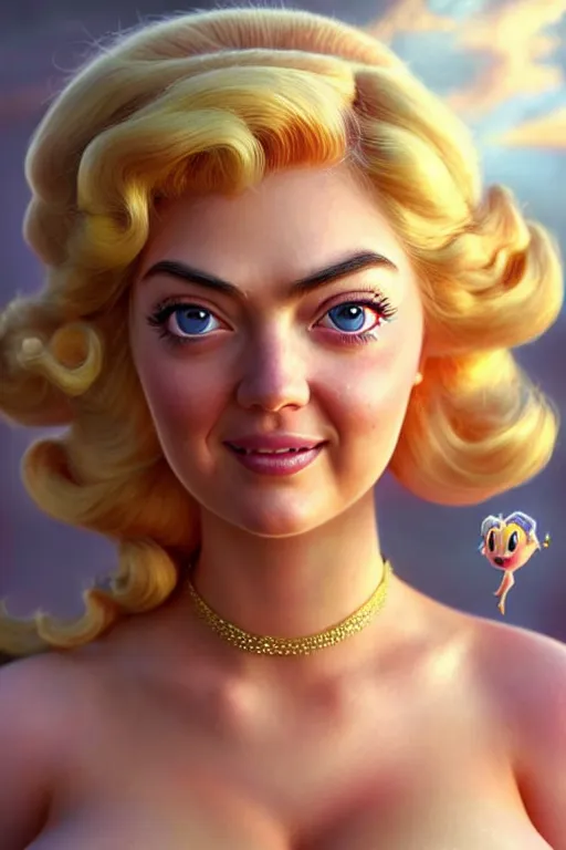 Image similar to polished sweaty princess peach : : princess peach face : : kate upton body : : weta disney pixar movie still photo : : hi - fructose, sci fi, fantasy, decadent highly - detailed digital painting, golden ratio, octane render, artstation, smooth, sharp focus, artgerm, mucha, loish, wlop : :