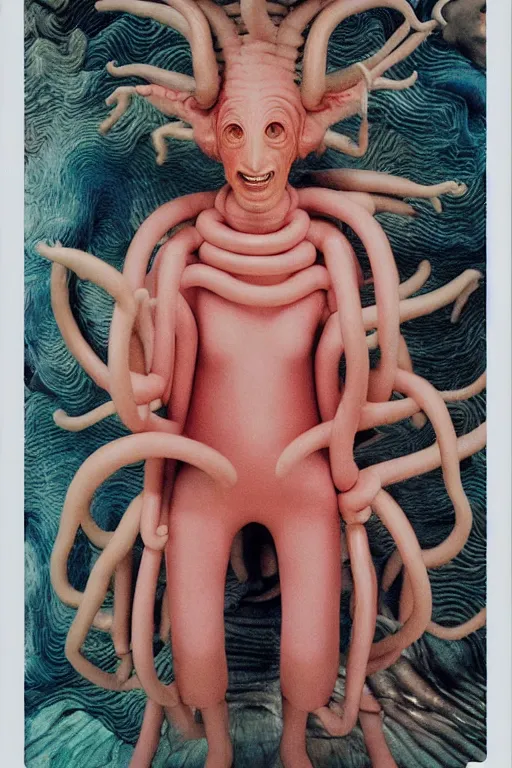 Prompt: instax frame of transcendental consciousness from Pan's Labyrinth by Yue Minjun and Guo Jian, from Prometheus by Pipilotti Rist and Louise Bourgeois, dressed by Salvatore Ferragamo and Givenchy, haute couture painted by Peter Paul Rubens and by John Baeder, editorial asymmetry fashion photography, in lush brain coral femur by Jean-Michel Basquiat