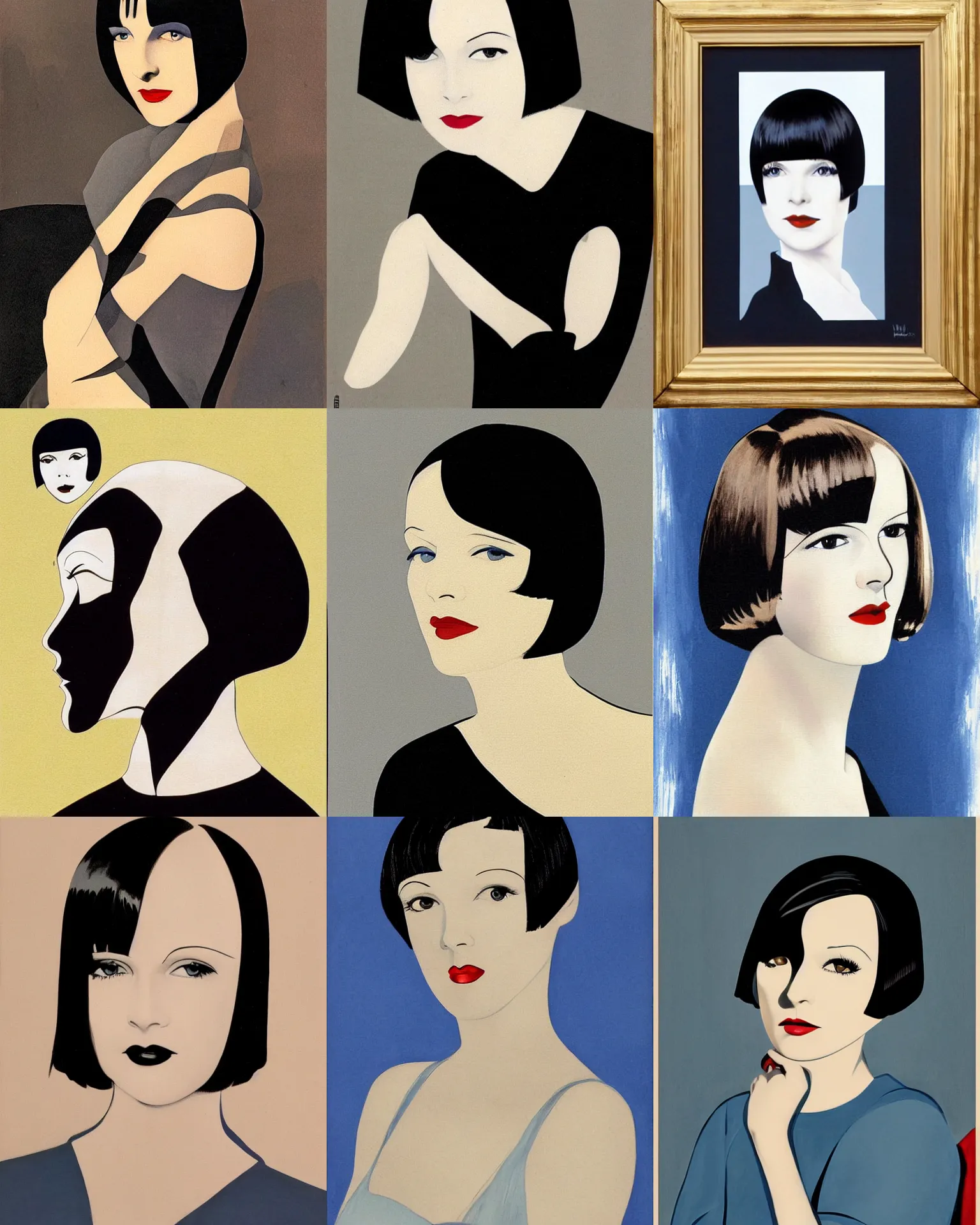 Prompt: painting of mary louise brooks 2 0 years old, bob haircut, portrait by nicolay diulgheroff and patrick nagel, 1 9 2 0 s, art decos