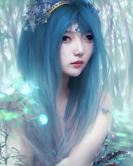 Image similar to stunningly beautiful female blue hair, cute korean actress, dj sura, fantasy art, fae priestess, lush dark forest landscape, fireflys at night, sharp focus, digital painting, 8 k, concept art, art by wlop, artgerm, greg rutkowski and alphonse mucha