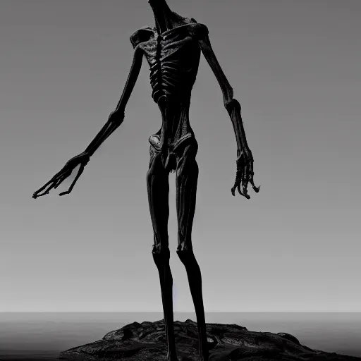 Image similar to standing photorealistic detailed tall skinny humanoid creature, extremly detailed, black and white, 8 k, realistic, sharp focus, cosmic horror creature, cosmic horror