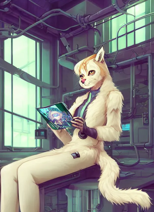 Image similar to beautiful portrait commission of a cute female furry anthro Canadian Lynx fursona casual clothes in a futuristic mechanical laboratory. blonde hair. Green Eyes. character design by charlie bowater, ross tran, artgerm, and makoto shinkai, detailed, inked, western comic book art