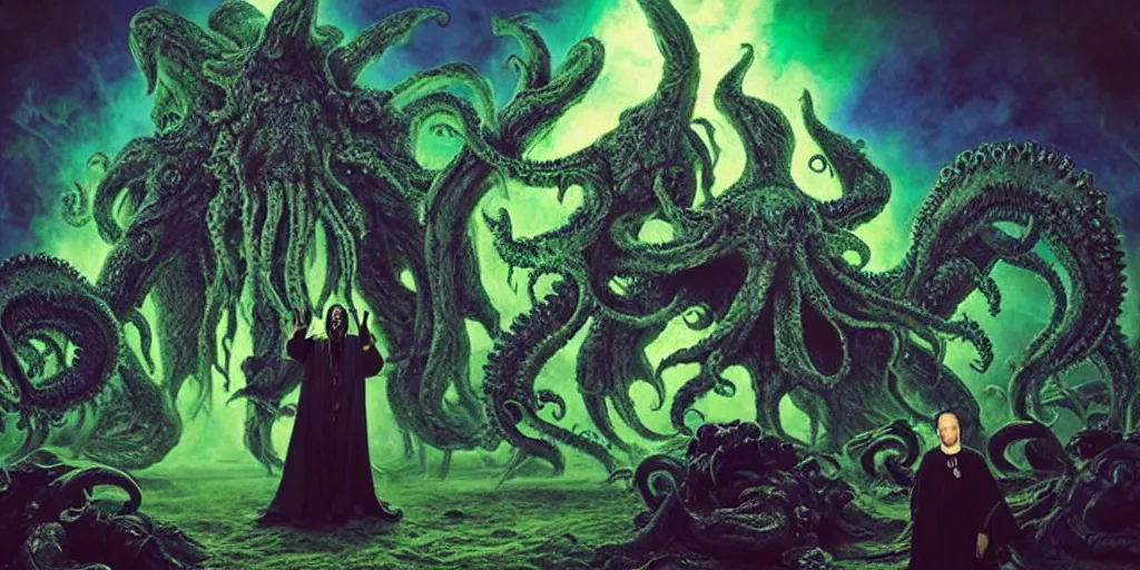 Prompt: photorealistic necromancer priest in an invoking ritual in front of a giant cthulhu in a large landscape, intricate, elegant, glowing lights, art by david lachapelle, photography by annie leibovitz