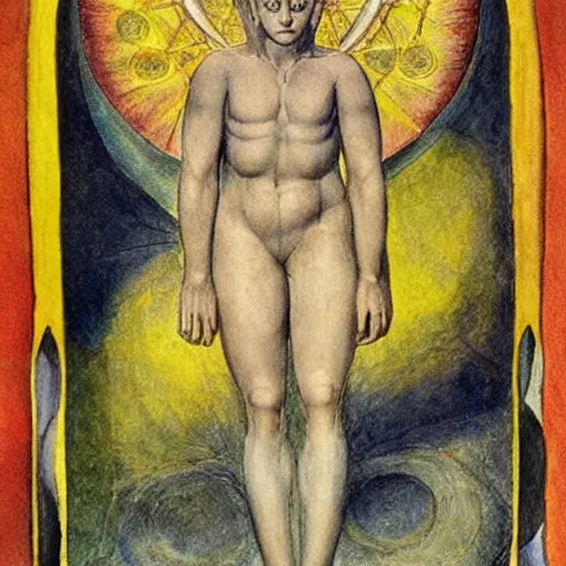 Image similar to tarot, major arcana, hyperrealism, art by william blake