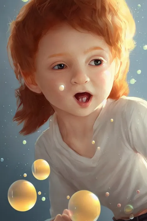 Prompt: a little boy with ginger hair chasing bubbles. clean elegant simple illustration, beautiful detailed face. by artgerm and greg rutkowski