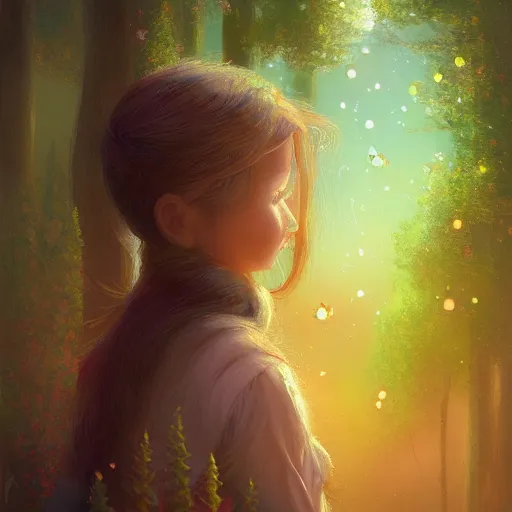 Image similar to Whimsical beautiful painting of a girl facing away, looking towards a glowing forest full of fireflies, cgsociety, trending on artstation