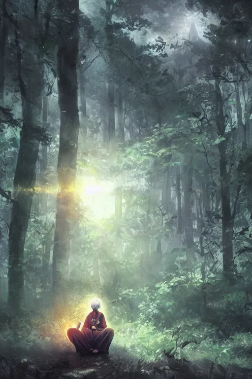 Image similar to photorealistic dark fantasy concept art of Naruto meditating in a forest, dynamic lighting, stunning visuals, realism, cinematic, hyper detailed, ultra detailed, beautiful visuals and sunset