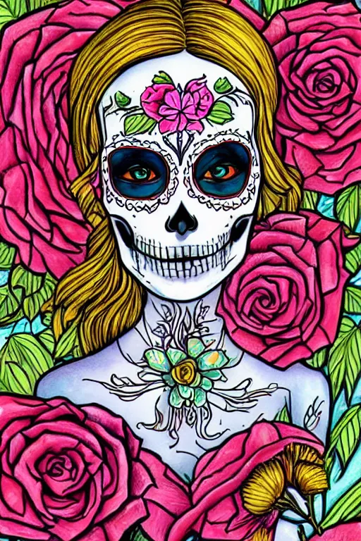 Prompt: Illustration of a sugar skull day of the dead girl, art by fantan magee