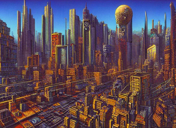 Prompt: a stone age cyberpunk cityscape by vladimir tretchikoff