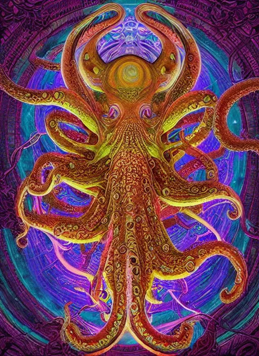 Prompt: a intricate ornate psychedelic image of an octopus with a glowing third eye, digital art by artgerm, alex grey, dan mumford, felix kelly, psychedelic art, psychedelic, fractalism, fractals, sacred geometry, trending on artstation, hyper - realism, highly detailed, cgsociety, octane render, raytracing, 3 d