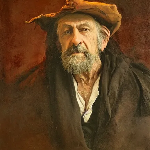 Image similar to Solomon Joseph Solomon and Richard Schmid and Jeremy Lipking victorian genre painting portrait painting of a old rugged actor wizard wearing a wizard hat and robe from the hobbit , red background