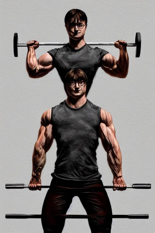 Prompt: highly detailed rendering of Daniel Radcliffe as Harry Potter doing barbell back squats, dingy workout gym, wearing a muscle tee shirt, muscular deep squats, symmetrical, highly detailed, digital painting, artstation, concept art, smooth, sharp focus, illustration, cinematic lighting, art by artgerm and greg rutkowski and alphonse mucha