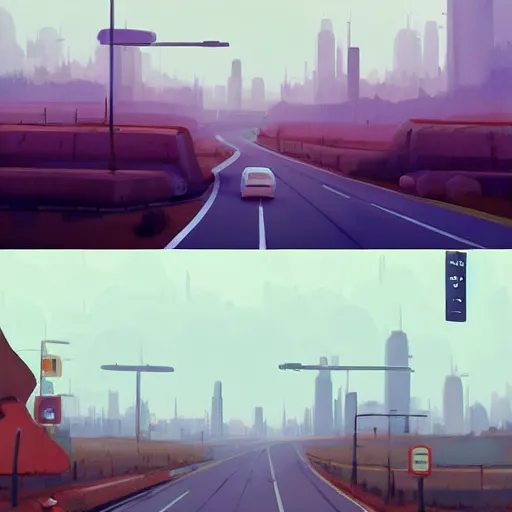 Image similar to goro fujita ilustration on the left you can see the big city, on the right you can see the forest there is a highway halfway full of cars leaving the city, painting by goro fujita, sharp focus, highly detailed, artstation