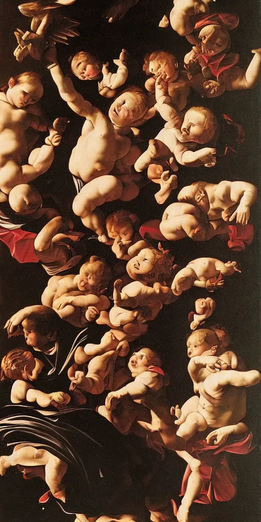 Image similar to beautifully detailed baroque oil painting of the book of life and death surrounded by cherubs by caravaggio