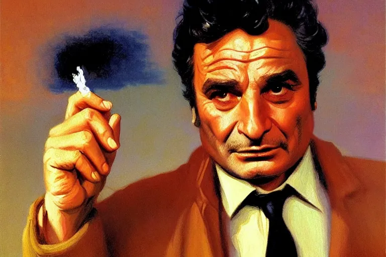 Prompt: police detective columbo ( young peter falk ) in his trenchcoat, holding his head in one hand and a cigar in the other. 1 9 7 0 s oil painting in the style of edward hopper and ilya repin gaston bussiere, craig mullins. warm colors. detailed and hyperrealistic.