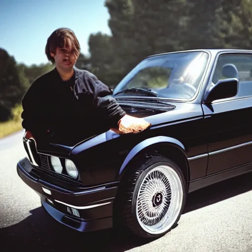 Prompt: evil Jason Stethem holds in his arms BMW e30