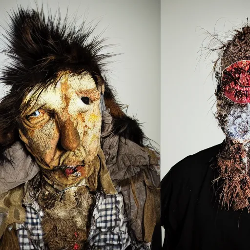 Image similar to a photograph of trashman and fur garbage portrait , weird, argentic, dust and scratches, by Jon Rafman