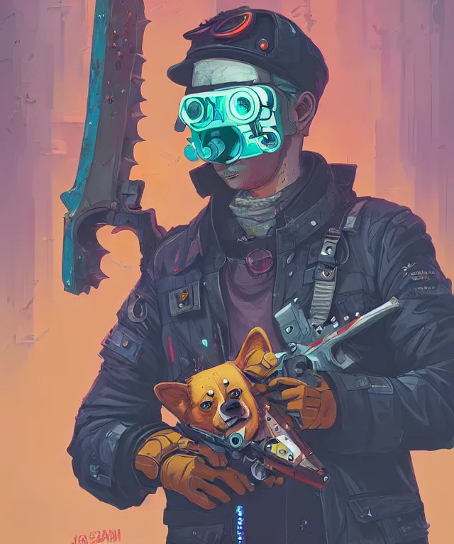 Image similar to a portrait of a cyberpunk corgi holding a chainsaw, fantasy, elegant, digital painting, artstation, concept art, matte, sharp focus, illustration, art by josan gonzalez