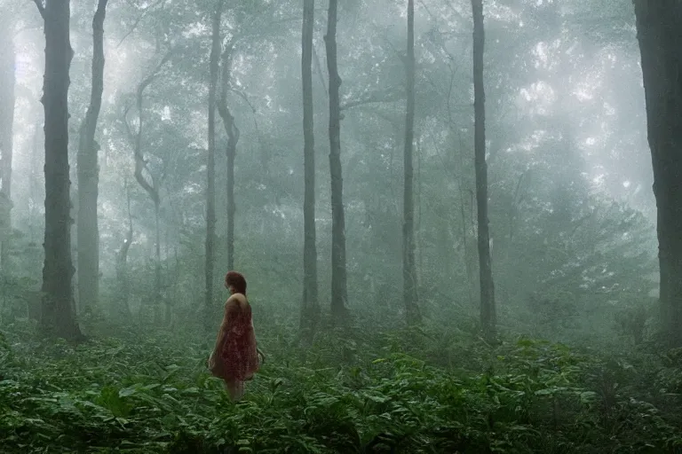 Image similar to a tourist visiting a complex organic fractal sphere floating in a lush forest, foggy, cinematic shot, photo still from movie by denis villeneuve