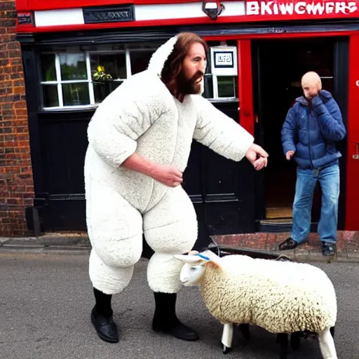 Image similar to photo of a man in a sheep costume in flames and jesus is helping him outside a british pub