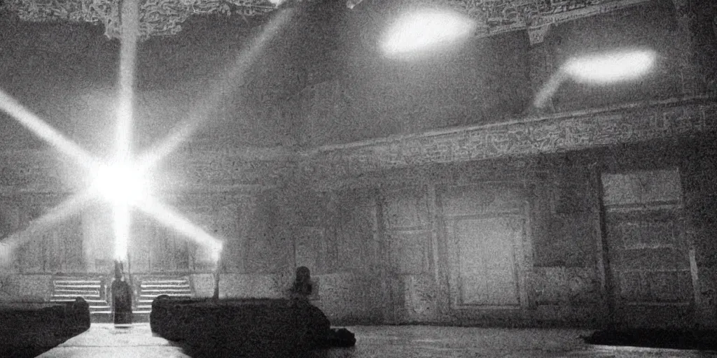 Image similar to light coming out of one bull - like kaiju starfish monster, korean film noir, korean traditional palace, pyongyang city, 1 9 6 0 s, red color bleed, 4 k, video compression, video glitch, monochrome, akira kurosawa, mamoru oshii, wes anderson, stanley kubrick