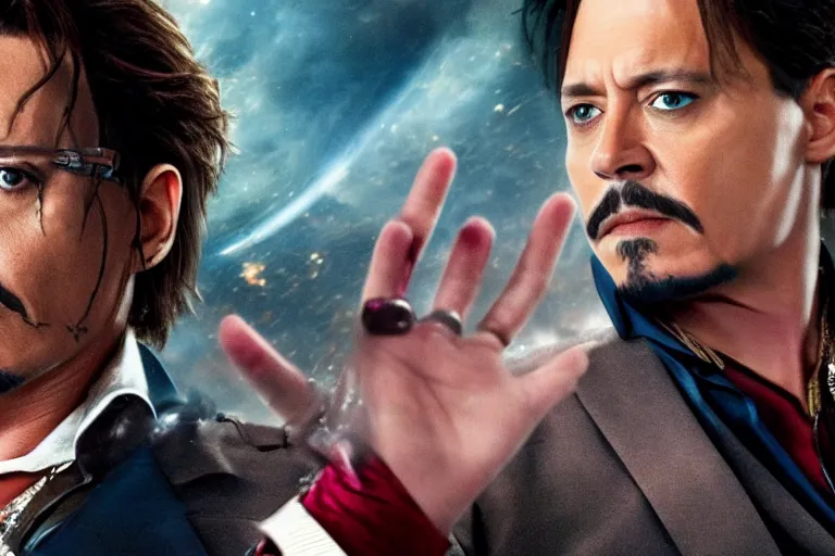 Prompt: film still of Johnny Depp as Tony Stark in new avengers movie, 4k