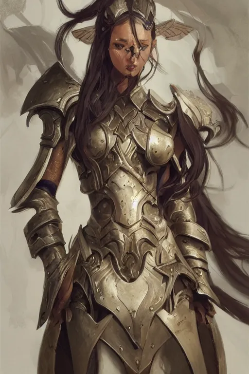 Image similar to a finely detailed portrait of an attractive woman clothed in battle armor, olive skin, long dark hair, beautiful bone structure, symmetrical facial features, intricate, elegant, digital painting, trending on Artstation, concept art, smooth, sharp focus, illustration, from World of Warcraft, by Ruan Jia and Mandy Jurgens and Artgerm and william-adolphe bouguerea, award winning