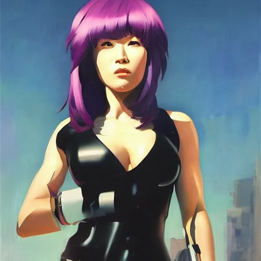 Image similar to greg manchess portrait painting of motoko kusanagi showing cybernetic parts of her body, medium shot, asymmetrical, profile picture, organic painting, sunny day, matte painting, bold shapes, hard edges, street art, trending on artstation, by huang guangjian and gil elvgren and sachin teng