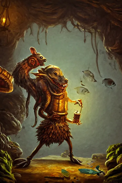 Prompt: classic oil painting, an anthropomorphic bipedal rat that is dressed as a medieval librarian, as a dnd character, standing under the sea, cottagecore, extremely detailed, digital illustration, concept art, readability, smooth, sharp focus, screenshot from a diablo 2 cinematic