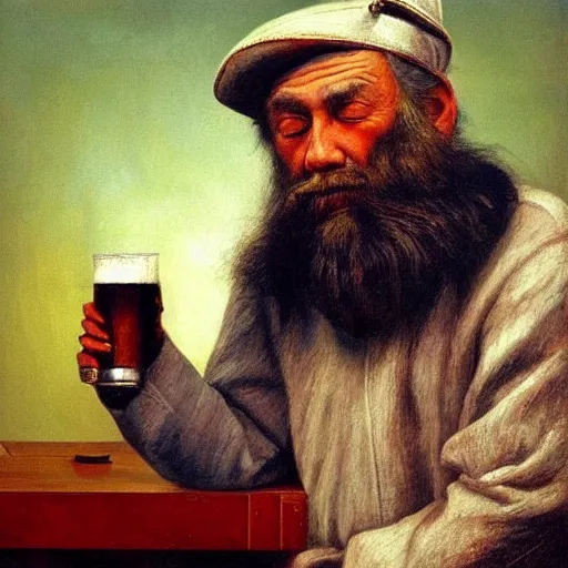 Image similar to painting of sailor hobo hyperrealism vasily vereshchagin with beer mug