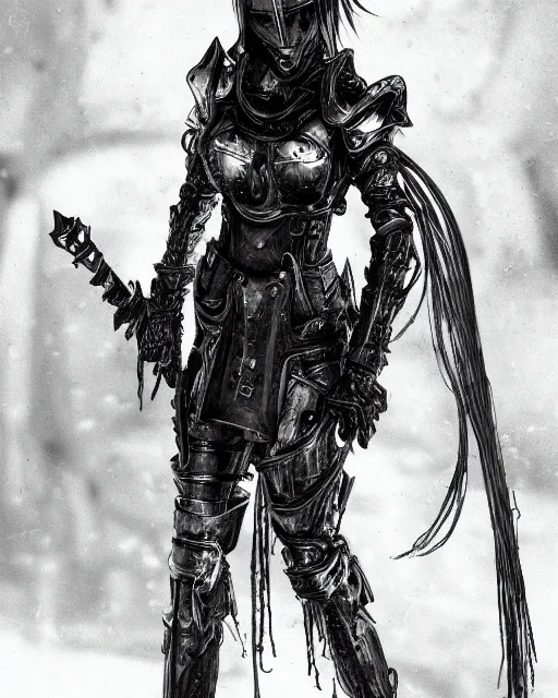 Image similar to portrait of a female crusader by tsutomu nihei, monochrome, gothic, dark, high contrast