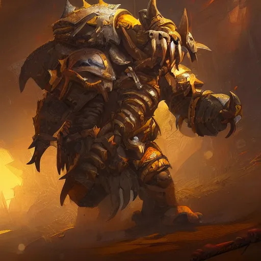 Image similar to an armored boar, boar ’ s tusks, yellow theme, bright art masterpiece artstation. 8 k, sharp high quality artwork in style of jose daniel cabrera pena and greg rutkowski, concept art by tooth wu, blizzard warcraft artwork, hearthstone card game artwork, armored boar