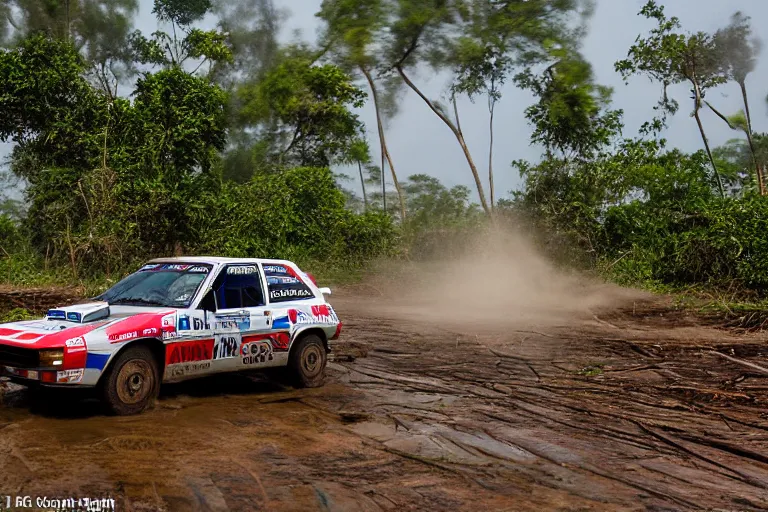 Image similar to a group B rally car driving around over a wooden bridge in the Cambodian swamps, high-speed sports photography