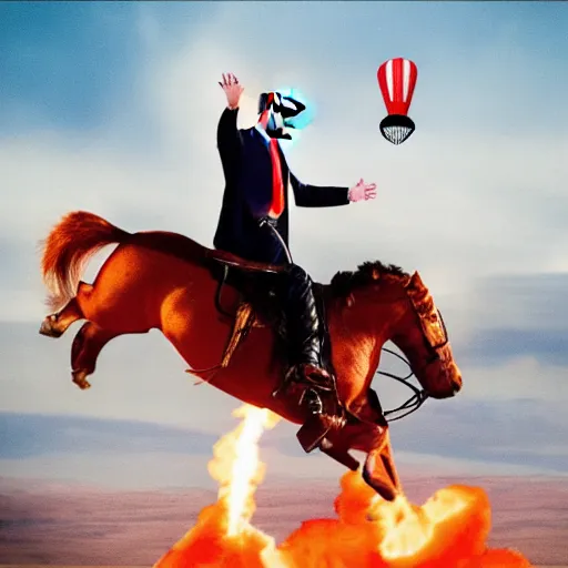 Prompt: donal trump as a cowboy riding a nuke as it's dropped from a plane high adrenaline junkie xtreme sport photography directed by mcg