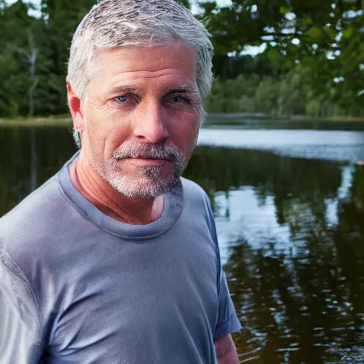 Image similar to portrait of 5 3 year old white male, blue eyes, greying hair, thinking back to his childhood days of spending summer vacations fishing on lake simard in mofett quebec, 4 k