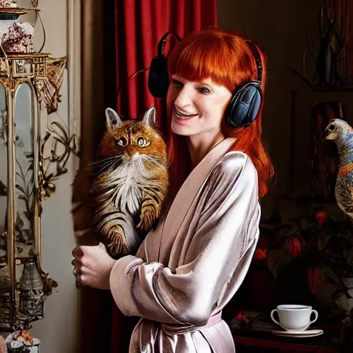 Image similar to a stunning hyper-detailed photo of one slender beautiful smiling woman with long ginger hair and bangs, wearing a luxurious silk robe, wearing headphones and posing with her large ginger tabby cat and her raccoon and parrots in a red overstuffed easy chair in her Victorian living room, holding a porcelain parrot-shaped coffee mug and a donut, perfect eyes, fashion photography, dramatic cinematic lighting, octane render, IBEX Masters, unreal engine, 85 mm lens, paisley wallpaper