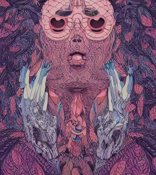 Prompt: portrait, nightmare anomalies, leaves with arowana by miyazaki, violet and pink and white palette, illustration, kenneth blom, mental alchemy, james jean, pablo amaringo, naudline pierre, contemporary art, hyper detailed