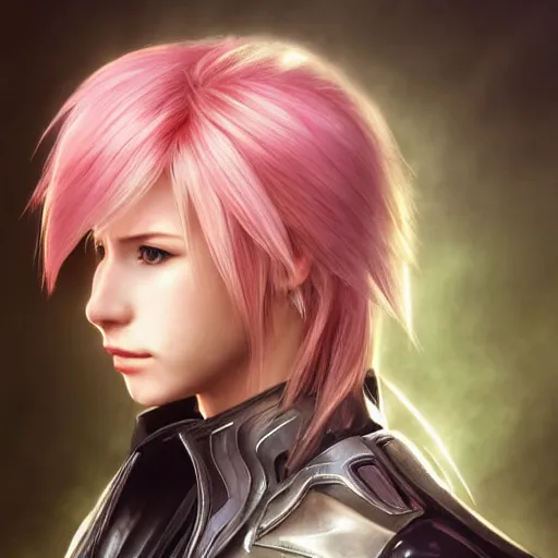 Image similar to a head and shoulders portrait of Lightning Farron from Final Fantasy XIII, neon, retro, smooth, sharp focus, intricate, artstation, detailed concept art by Rutkowski and Mucha and sky sewa and Marc Simonetti