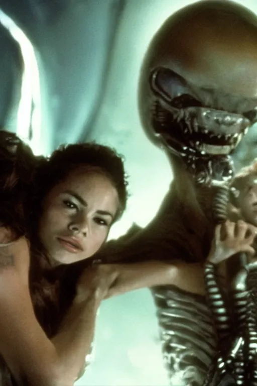 Image similar to film still of sofia vergara in the movie Alien, xenomorph holding sofia in a chokehold, sofia unconscious, cinematic shot, 4k.