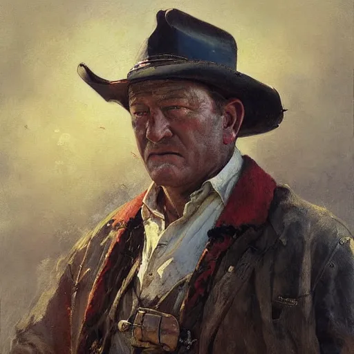 Prompt: Solomon Joseph Solomon and Richard Schmid and Jeremy Lipking victorian genre painting portrait painting of John Wayne a old rugged cowboys gunfighter old west character in fantasy costume, red background